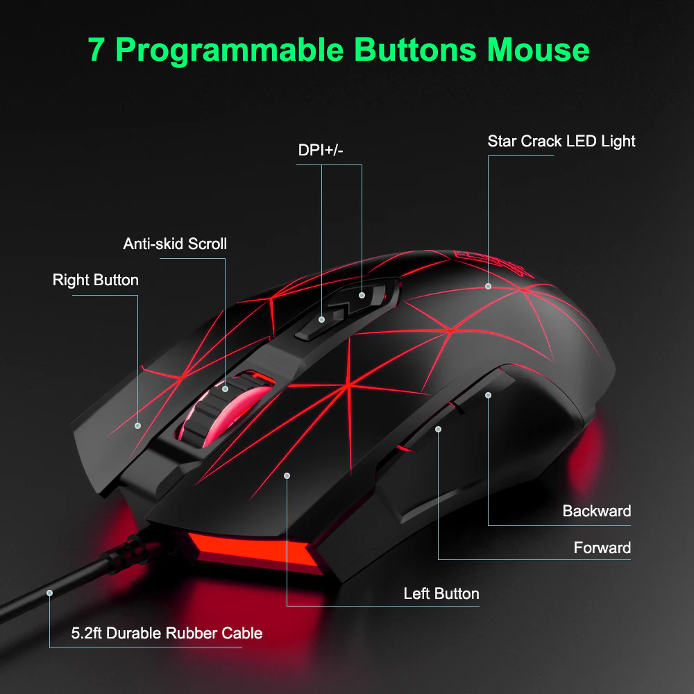 AJAZZ AJ52 Mouse 2500DPI ADNS-5050Gaming Chip 1000HZ Polling Rate Plug Play Wired 7 Programmable Buttons Mouse - Image 7