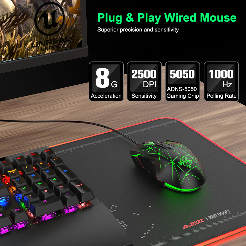 AJAZZ AJ52 Mouse 2500DPI ADNS-5050Gaming Chip 1000HZ Polling Rate Plug Play Wired 7 Programmable Buttons Mouse - Image 8